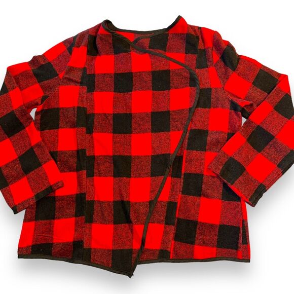 Womens Lightweight Jacket Buffalo Plaid Open Drape Front Long Sleeves Red Black - Picture 3 of 6
